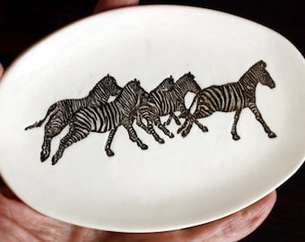 Ceramic ZEBRA Dish - Handmade Oval Porcelain B&W Zebra Herd Safari Soap Dish - Jewelry Dish - Spoon Rest - Ready To Ship