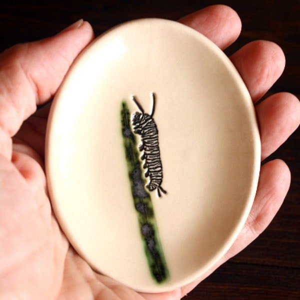 Ceramic CATERPILLAR Ring Dish - Small Handmade Oval Porcelain Caterpillar Dish - Tea Bag Holder - Wedding Ring Dish - Ready To Ship
