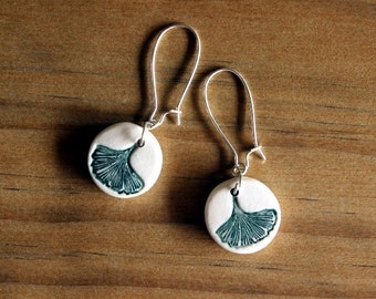 Ceramic GINKGO LEAF Earrings - Little Handmade Porcelain Ginkgo Leaf Earrings - Ready To Ship