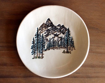 Ceramic MOUNTAIN SCENE Dish - Handmade Round Porcelain Mountains Trees Soap Dish - Jewelry Dish - Multipurpose Dish - Ready To Ship