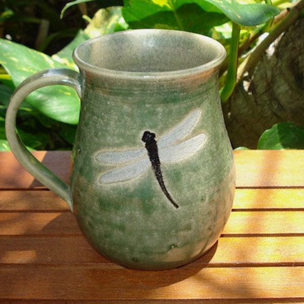 Gorgeous Handmade Stoneware DRAGONFLY Mug in Sage Green