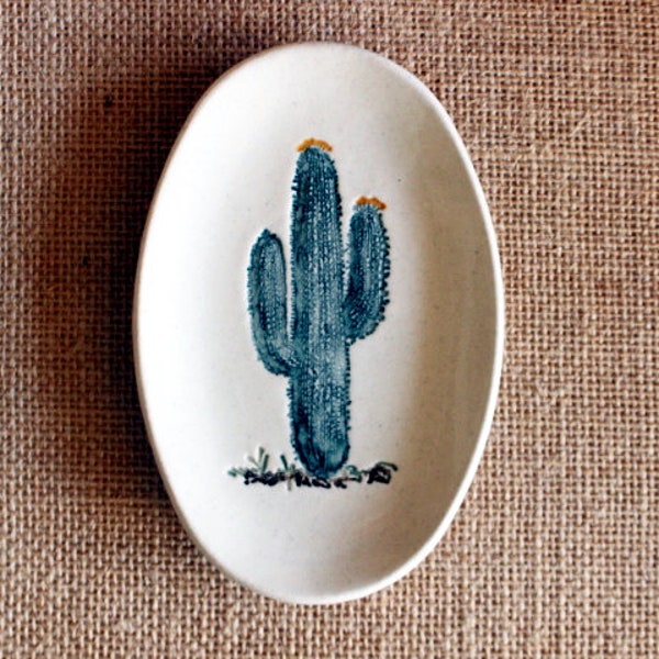 Ceramic CACTUS Soap Dish - Small Oval Handmade Stoneware Cactus Desert Plant Dish - Jewelry Dish - Mother's Day Gift - Ready To Ship