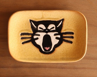 Ceramic CAT Ring Dish - Small Handmade Rectangular Funny Yawning Cat Ring Dish - Jewelry Dish - Gift for Her - Ready To Ship