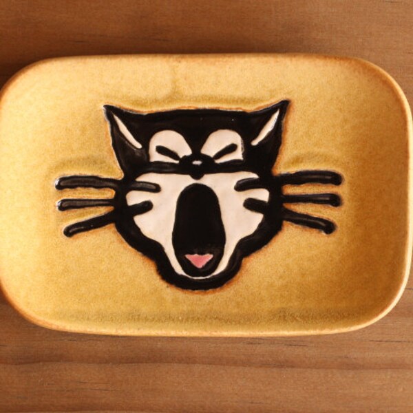 Ceramic CAT Ring Dish - Small Handmade Rectangular Funny Yawning Cat Ring Dish - Jewelry Dish - Gift for Her - Ready To Ship