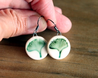 Ceramic GINKGO LEAF Earrings - Little Handmade Porcelain Ginkgo Leaf Earrings - Ready To Ship