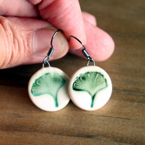 Ceramic GINKGO LEAF Earrings - Little Handmade Porcelain Ginkgo Leaf Earrings - Ready To Ship