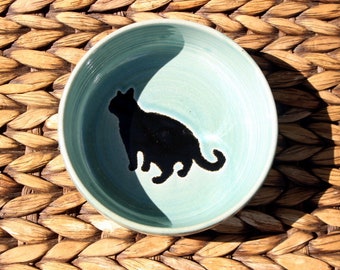 Ceramic CAT Bowl - Food Water Bowl - Handmade Blue Stoneware Bowl - Black Cat Silhouette - Ready To Ship