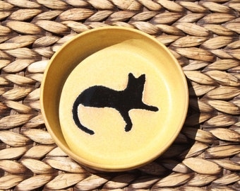 Ceramic CAT Food Bowl - Food Water Bowl - Handmade Golden Stoneware Feline Bowl - Black Cat Silhouette - Ready To Ship