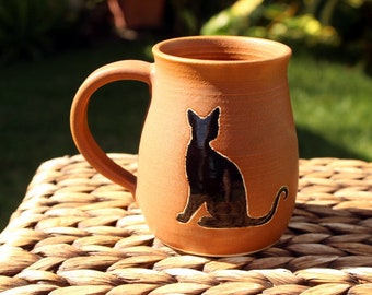 Ceramic CAT Coffee Mug - Handmade Reddish Brown Stoneware Cat Coffee Mug - Black Cat Silhouettes - Ready To Ship