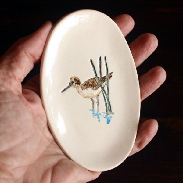 Ceramic SANDPIPER Ring Dish - Handmade Oval Porcelain SANDPIPER Seashore Bird Jewelry Dish - Tea Bag Holder - Ready To Ship