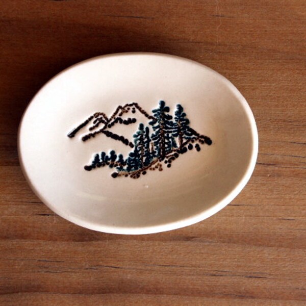 Ceramic MOUNTAIN SCENE Ring Dish - Tiny Handmade Porcelain Mountains Trees Dish - Wedding Ring Dish - Ready To Ship