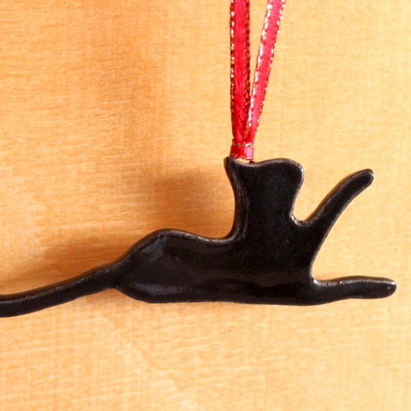 Ceramic CAT Ornament - Handmade Stoneware Strung Black Cat Christmas Ornament - Holiday Decoration - Ready To Ship