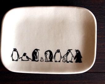 Ceramic PENGUIN Ring Dish - Small Handmade Rectangular B&W Porcelain Emperor Penguins Dish - Jewelry Dish - Gift for Her - Ready To Ship