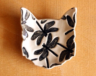 Ceramic DRAGONFLIES Ring Dish - Handmade Porcelain B&W Dragonflies CAT Ring Dish - Tea Bag Holder - Gift for Her - Ready To Ship