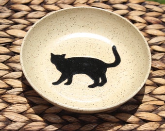 Ceramic CAT Bowl - Food Water Bowl - Handmade Speckled Cream Stoneware Bowl - Black Cat Silhouette - Ready To Ship