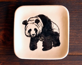 Ceramic PANDA BEAR Ring Dish - Handmade Square B&W Porcelain Panda Bear Dish - Small Soap Dish - Gift for Her - Ready To Ship