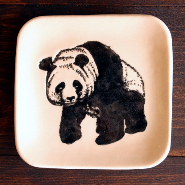 Ceramic PANDA BEAR Ring Dish - Handmade Square B&W Porcelain Panda Bear Dish - Small Soap Dish - Gift for Her - Ready To Ship