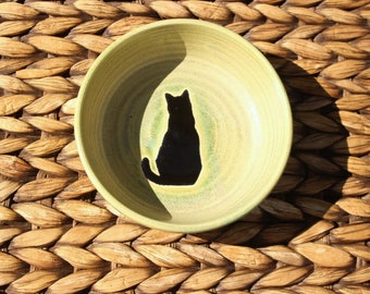 Ceramic CAT Bowl - Food Water Bowl - Small Handmade Green Stoneware Bowl - Black Cat Silhouette - Ready To Ship