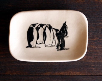 Ceramic PENGUIN Ring Dish - Small Handmade Rectangular B&W Porcelain Emperor Penguins Dish - Jewelry Dish - Gift for Her - Ready To Ship