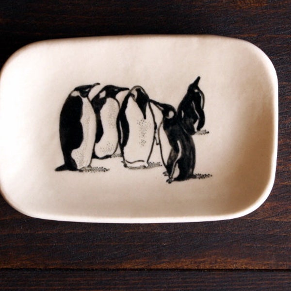 Ceramic PENGUIN Ring Dish - Small Handmade Rectangular B&W Porcelain Emperor Penguins Dish - Jewelry Dish - Gift for Her - Ready To Ship