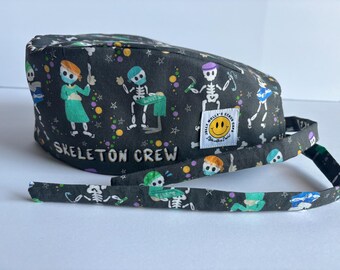 Skeleton Crew Scrub Cap Unisex Cotton Tie Back Halloween Surgical Hat for Doctor or Nurse