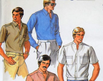 McCalls 7624, Vintage Mens Sewing Pattern, Size 34 Neck 15, Pullover Button Front Shirts, Uncut