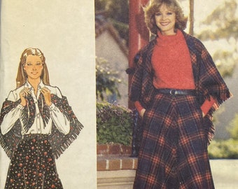 Butterick 5619, Waist 26.5, Vintage Fringed Skirt and Shawl Sewing Pattern, 1970s Boho, Uncut