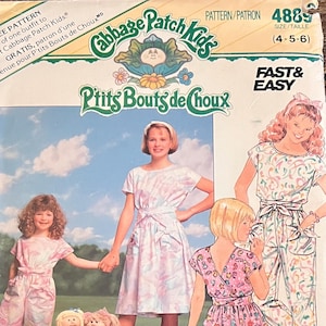 May include: Vintage Butterick sewing pattern featuring Cabbage Patch Kids. The pattern includes instructions for making outfits for children, sizes 4-5-6. The cover art shows illustrations of children in various outfits, with the words "Fast & Easy" prominently displayed.
