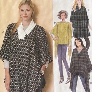 Può includere: Un modello di cucito Butterick B6391 con illustrazioni di poncho. Il modello include un poncho con colletto bianco e un motivo bianco e nero, e altri stili di poncho. La taglia del modello è Y (Xsm-Sml-Med).