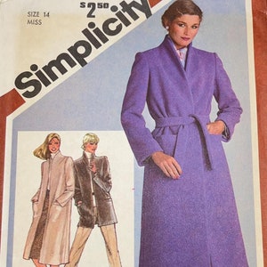Simplicity 9825 Size 14 Bust 36 Misses Lined Coat or Topper Uncut Sewing Pattern Blazer Open Front Belt 1980s