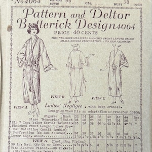 May include: A vintage Butterick Design 4064 sewing pattern envelope for a ladies' negligee. The tan paper features brown ink illustrations of three garment views labeled A, B, and C, along with detailed sizing charts and text in English.