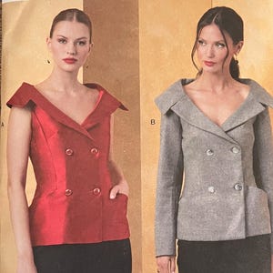May include: Vogue Patterns sewing pattern V2073. The pattern features two double-breasted jackets with an off-the-shoulder design. The pattern includes sizes 6-16. The cover shows a red jacket and a gray jacket.