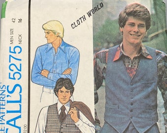 McCalls 5275, Size 42 Neck 16, Mens Yoked Shirt and Lined Vest, Uncut 1970s Sewing Pattern