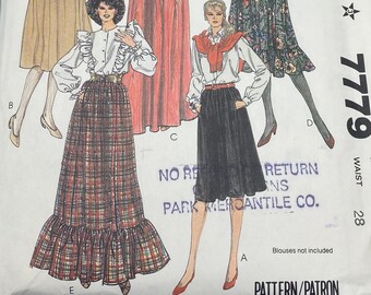 McCalls 7779, Size 14 Waist 28, Midi and Maxi Skirt Sewing Pattern, Ruffled Hem, Boho Cottagecore, Uncut