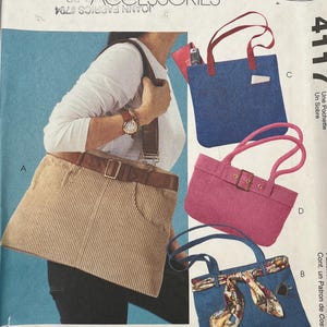 May include: McCall's Fashion Accessories pattern 4117 for sewing bags. The envelope features illustrations of four different tote bag designs, including a tan corduroy bag with a brown belt-style strap and three blue or pink fabric bags.