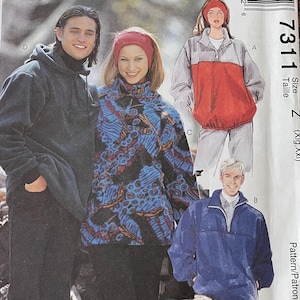 McCalls 7311 Size XL XXL Mens Misses Pullover Tops Uncut Sewing Pattern Polar Fleece Sweatshirt Headband 1990s