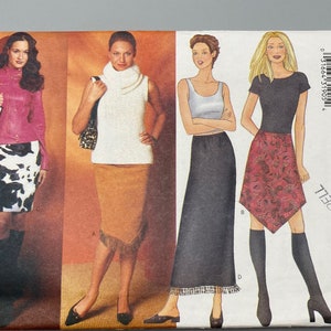 May include: A sewing pattern for four different skirts. The pattern is from Butterick and is labeled "Fast & Easy" and "#1697 KALISPELL". The pattern includes a cow print skirt, a brown skirt with fringe, a black skirt with fringe, and a red and black patterned skirt.