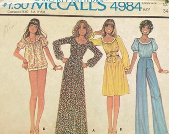 McCalls 4984, Size 12 Bust 34, 1970s Dress Top Pants or Shorts, Uncut Sewing Pattern