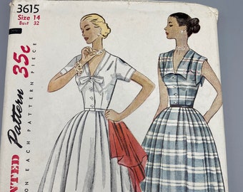 Simplicity 3615, Size 14 Bust 32, One Piece Dress Sewing Pattern 1951, Cut but Complete