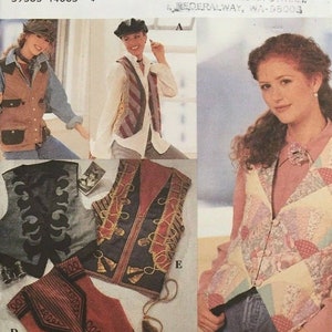 May include: Simplicity sewing pattern number 8698 for a vest. The pattern includes four different vest designs, including a denim vest with a lace-up back, a red vest with a decorative trim, a black vest with gold trim, and a patchwork vest. The pattern is for sizes AA (6, 8, 10, 12) and EUR (34-40).