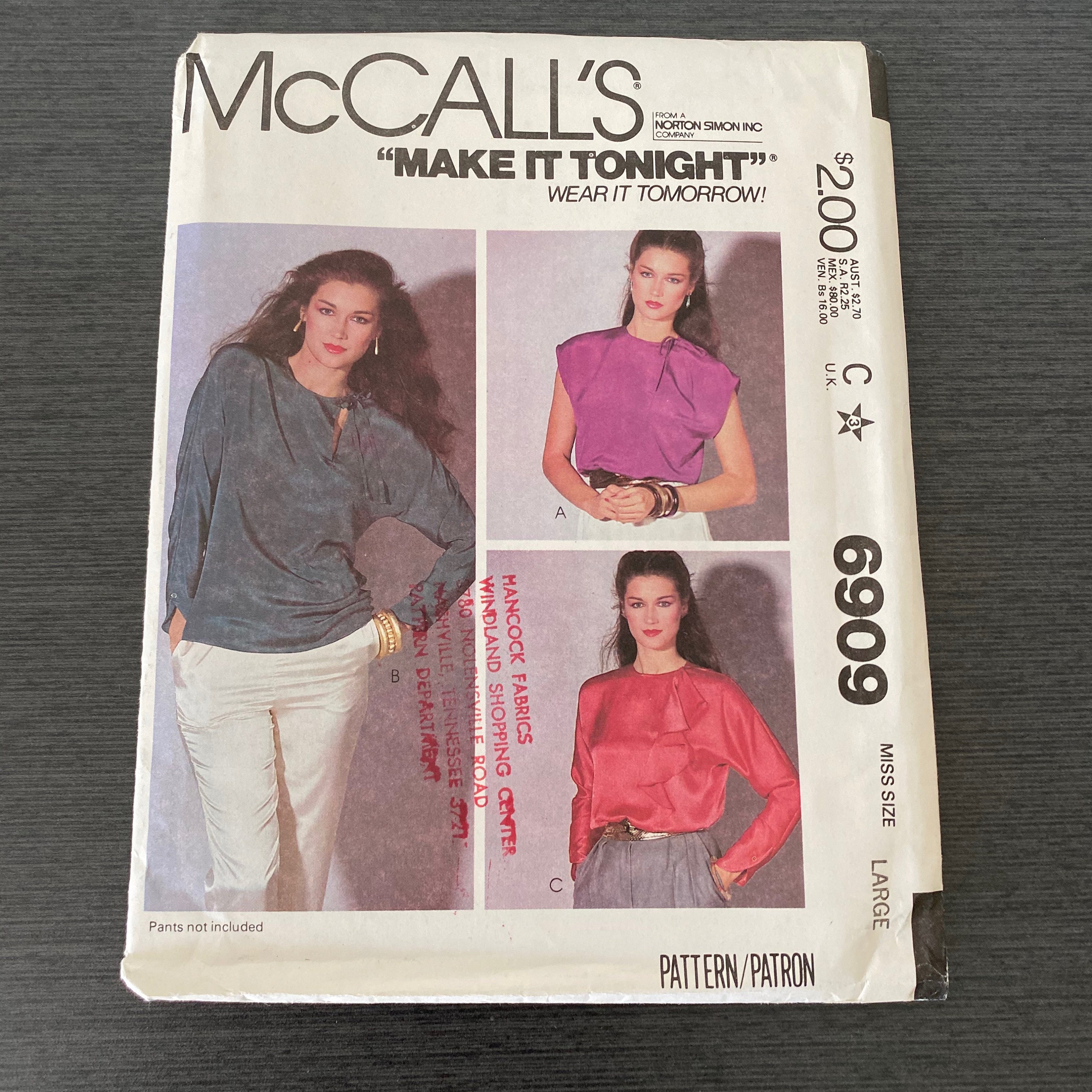クラフト Mccalls 6909, Size Large 18 20, Misses Tops Blouses, Uncut Sewing