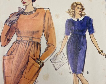 Vogue 7296, Size 6 8 10, 1980s Dress with Shoulder Pads and Tapered Skirt, Uncut Sewing Pattern