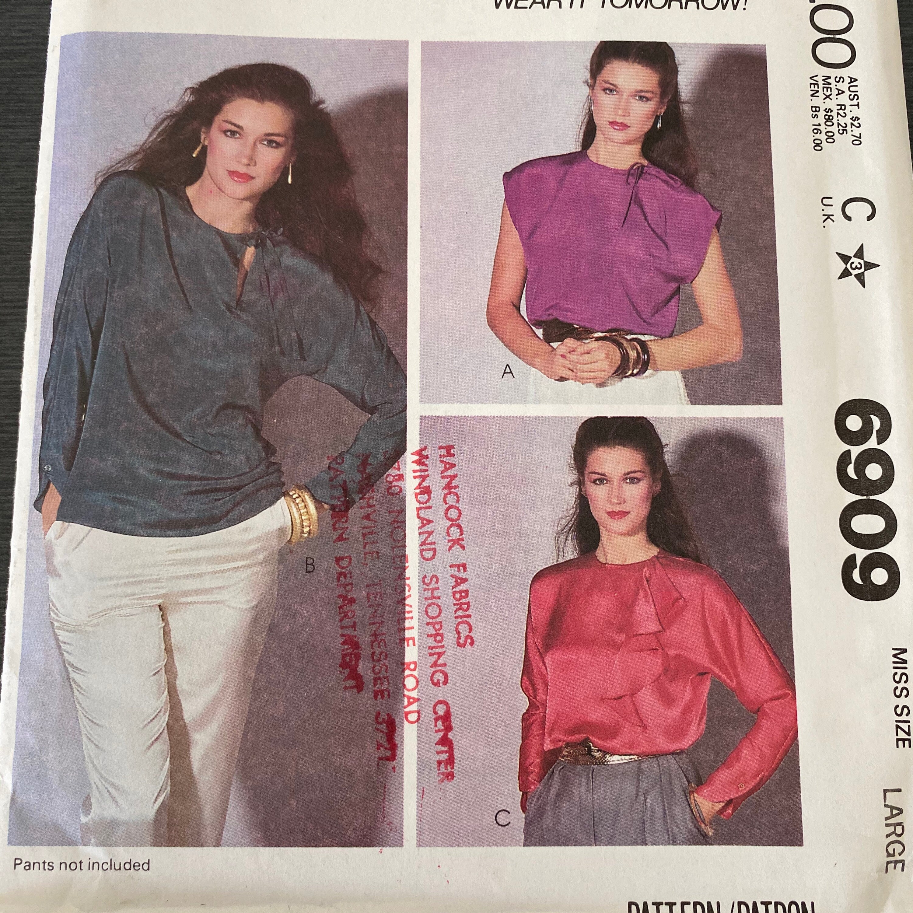 Mccalls 6909, Size Large 18 20, Misses Tops Blouses, Uncut Sewing