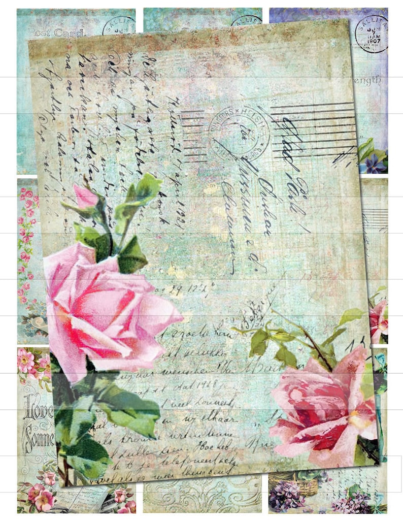 Vintage Shabby Pink Roses Chic ATC Postcards Digital Download Etsy