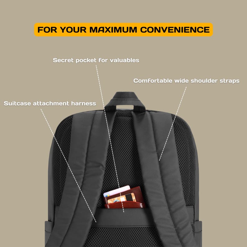May include: Black backpack with a secret pocket for valuables, wide shoulder straps, and a suitcase attachment harness.