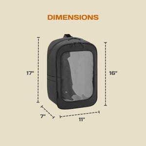 May include: Black backpack with a clear front panel, measuring 17 inches tall, 16 inches wide, 11 inches long, and 7 inches deep.  DIMENSIONS text is at the top of the image.