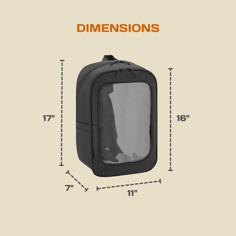 May include: Black backpack with a clear front panel, measuring 17 inches tall, 16 inches wide, 11 inches long, and 7 inches deep.  DIMENSIONS text is at the top of the image.