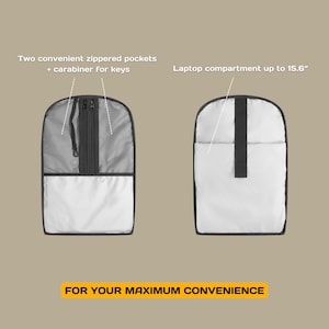 May include: A black backpack with two zippered pockets and a laptop compartment that can fit a laptop up to 15.6 inches. The text "FOR YOUR MAXIMUM CONVENIENCE" is printed on the bottom of the image.