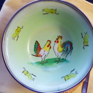 German Baby Food Warmer – 1930s Porcelain Bowl with Rooster & Chick Design | Chrome Hot Water Reservoir | Baby Shower Gift, Breakfast Server