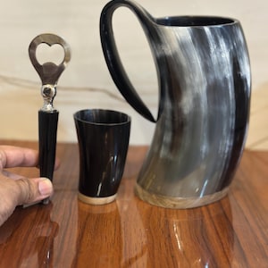 Viking Drinking Horn Mug with shot glass and bottle opener set of 3 pcs Handcrafted Ox Horn Tankard – 16oz Free Shot cup extra